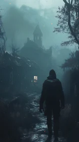 Solitary figure walks toward derelict church in dense fog
