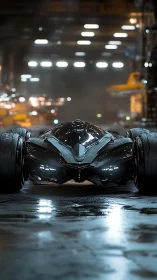 Midnight stealth hypercar prowling a neon-dripped warehouse.
