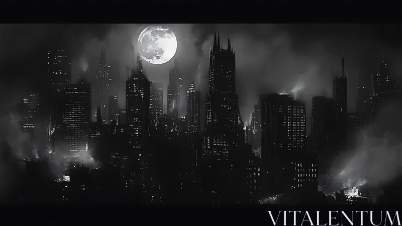 Moonlit gothic skyline wrapped in smoky midnight shadows.