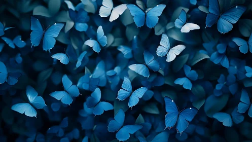 Blue butterflies drift over soft-focus foliage in motion