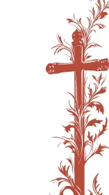 Flourishing vine cross in rustic red on quiet white field.