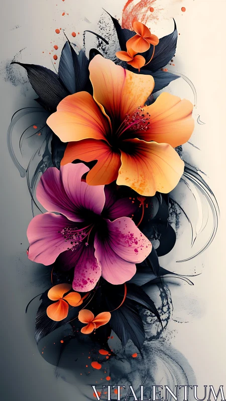 Digital illustration of layered hibiscus flowers with geometric ink elements and particle effects.
