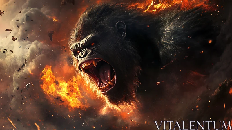 Fierce fire-lit gorilla roaring through a storm of sparks.