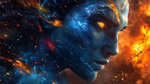 Elemental humanoid portrait with fire and blue nebula textures.