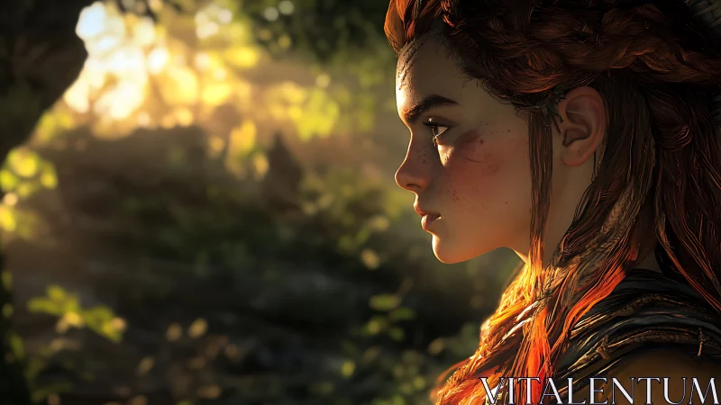 Sunlit huntress pausing in a forest of molten morning light.