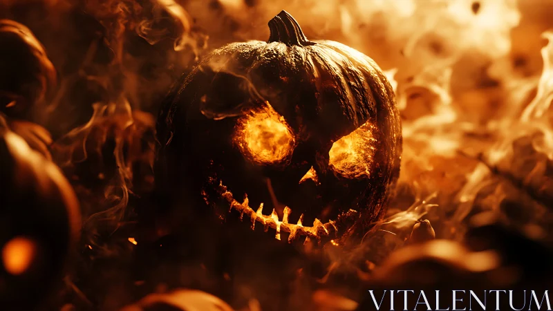 Burning jack o lantern in thick swirling orange smoke.