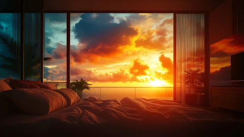 Sunlit modern bedroom overlooking cinematic ocean sunrise.