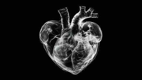X-ray anatomical heart rendered with luminous ethereal effects.