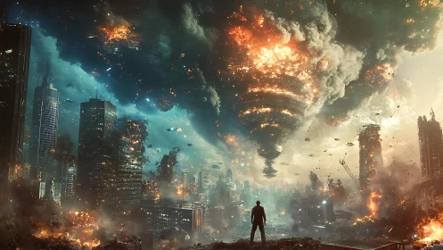 Massive inverted alien structure detonates above burning megacity