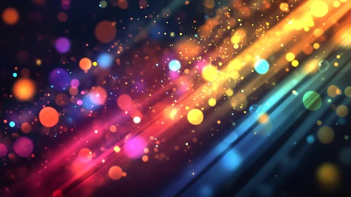Abstract multicolor bokeh light streaks on dark background.