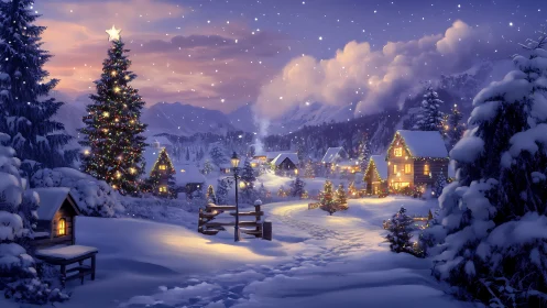 Snowy Christmas village glows under twilight snowfall