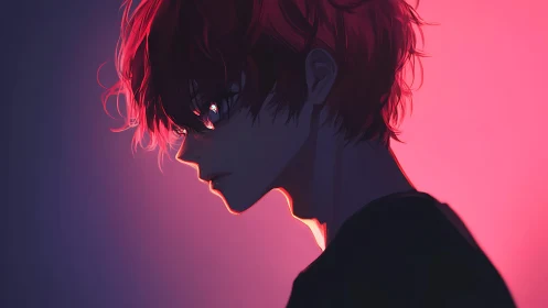 Red-haired anime boy glows in moody neon backlight silhouette.