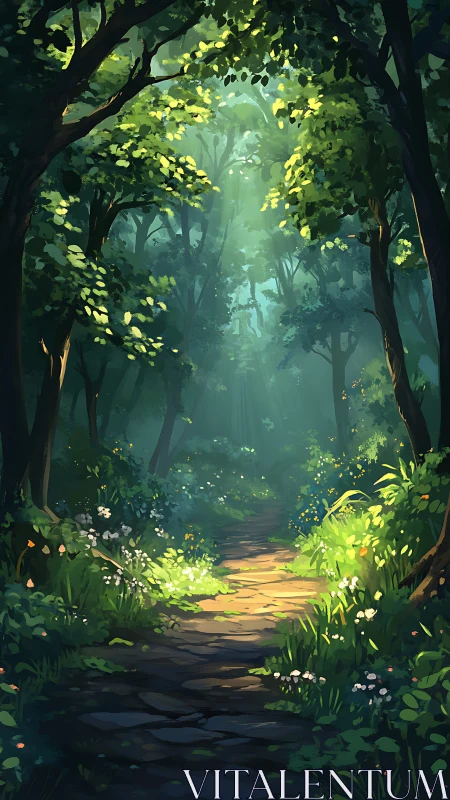 Sunlit Forest Path Through Green Canopy