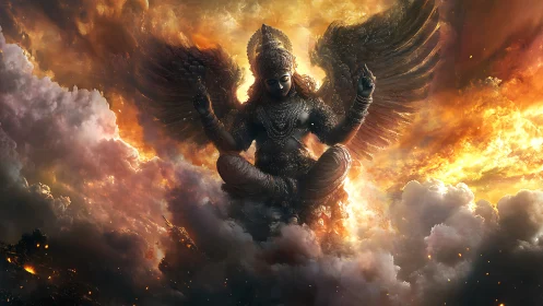 Winged deity figure seated amid dense illuminated clouds.