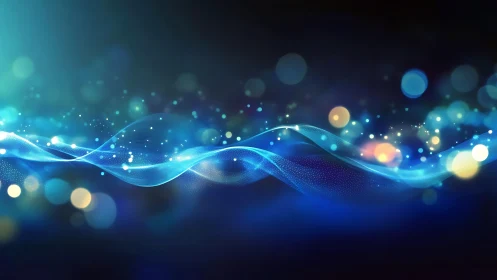 Glowing blue waveforms move across a dark abstract background