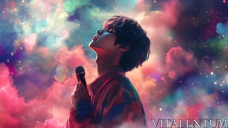 Vocalist in neon nebula clouds under prismatic concert light.