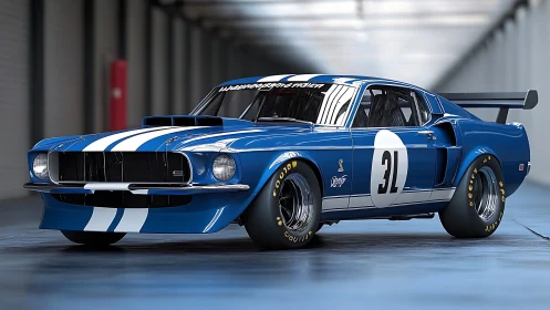 Photorealistic blue Shelby race Mustang with aero kit in tunnel