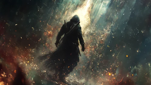 Hooded wanderer stepping through glowing storm of embers.