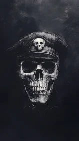 Skull officer portrait merges bone grimace with void.