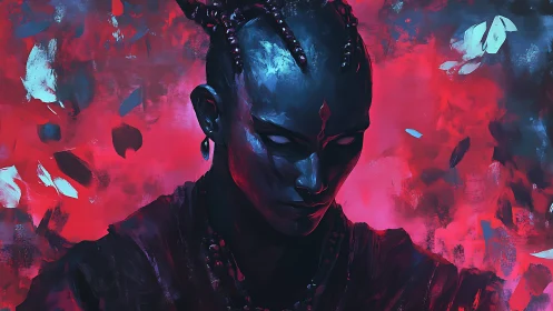 Figure with blue skin stands before abstract red backdrop