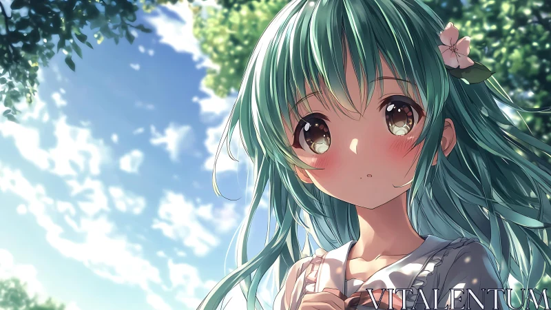 Green-haired anime girl under luminous summer sky