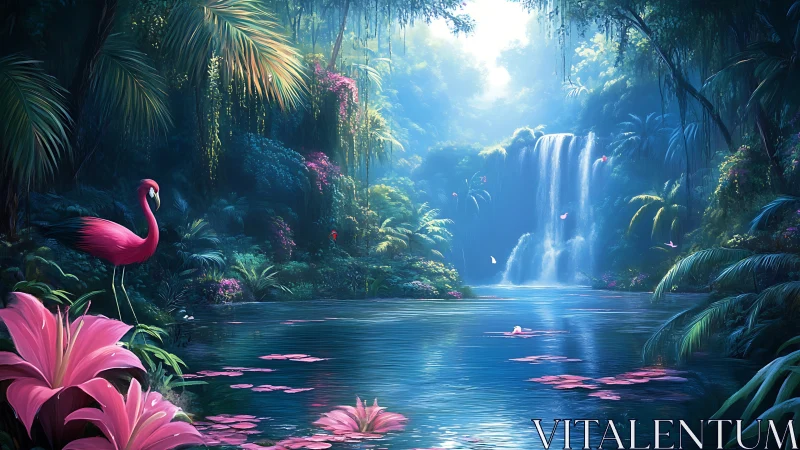 Flamingo-lit tropical cascade in chromatic rainforest basin.