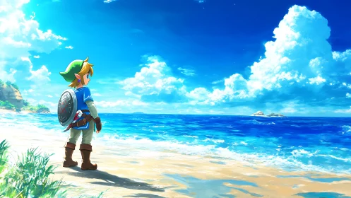 Cell-shaded beach adventurer surveying luminous ocean horizon.