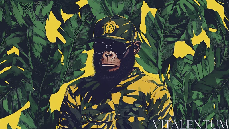 Chimp in camouflage clothing amid stylized foliage backdrop.