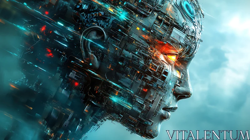 Neon circuitry storms across a cybernetic face finding dawn