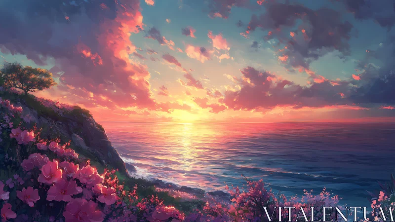 Luminous coastal sunset with florally saturated cliff strata.