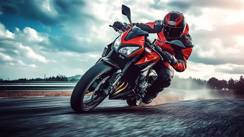 Red sport motorcycle leaning into a stormy track curve.