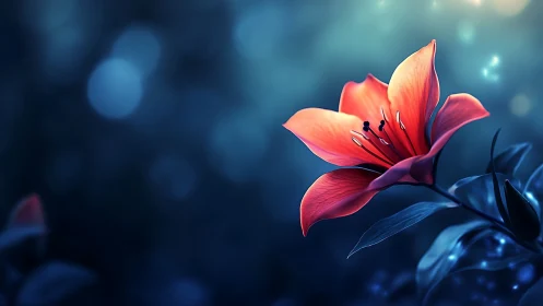 Vibrant Red Flower Blooms Against Deep Blue Bokeh Background.