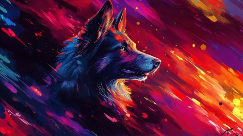 Vibrant canine portrait rendered in dynamic neon brush strokes