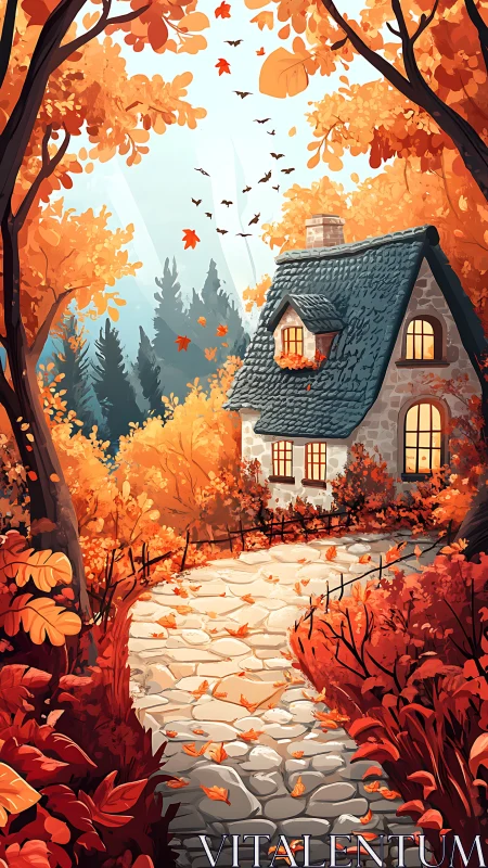 Stone cottage nestles under glowing autumn forest canopy