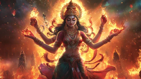 Flame crowned goddess dances amid blazing celestial temples.