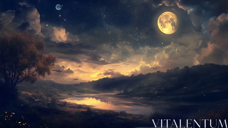 Moonlit river valley glows softly beneath a dreamy night sky