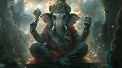 Majestic elephant deity sits in misty temple cityscape.