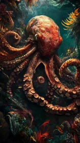 Octopus dominates dense coral reef with extended curling arms