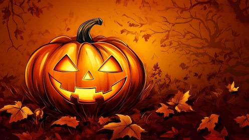 Glowing jack-o’-lantern amid autumn foliage in orange haze.