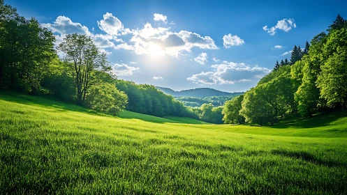 Sunlit green meadow bordered by dense forested hills.