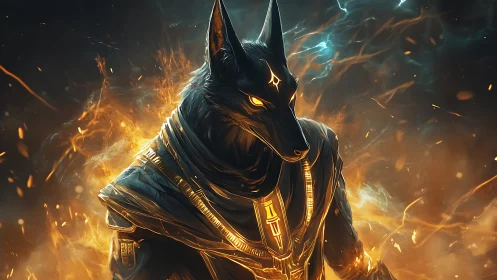 Mythic jackal guardian in radiant cyber-fantasy armor.