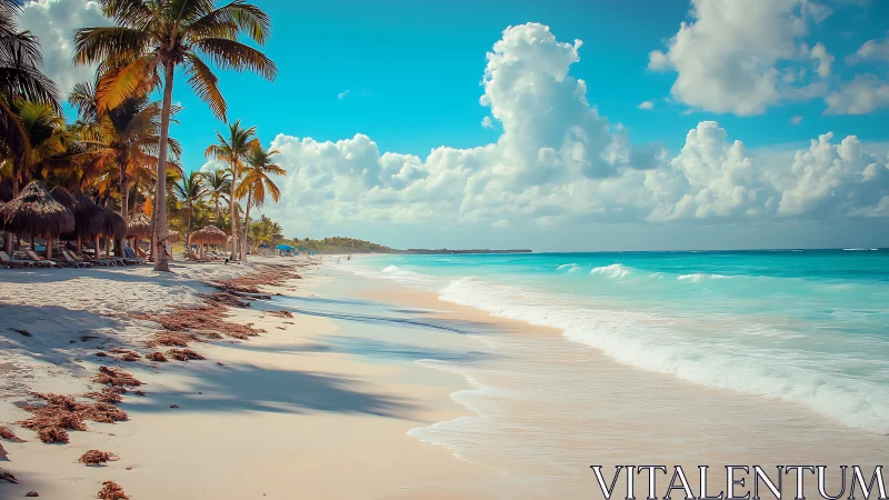 Tropical shoreline with palm trees, white sand and waves.
