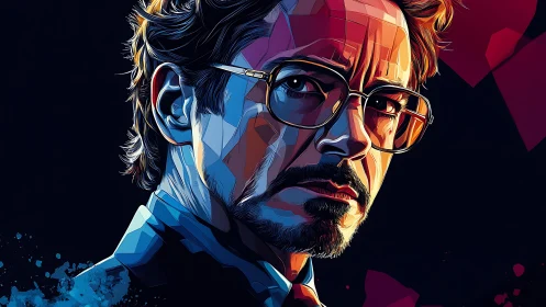 Bold geometric portrait glowing with moody neon light.