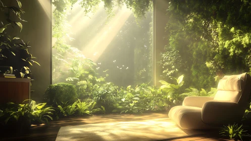 Sunlit reading nook opens gently into a lush indoor garden