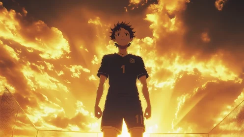 Sunlit soccer hero poised before blazing twilight sky.