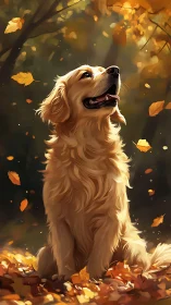 Golden retriever sitting in bright autumn forest scene.