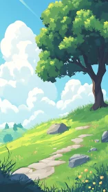 Tree-lined hillside path under clear sky with clouds.