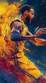 Electric basketball motion painted in bold, fiery color.