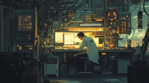 Cybernetic lab scientist codes under dense neon circuitry.