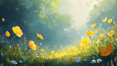 Golden meadow blossoms under soft atmospheric backlight.